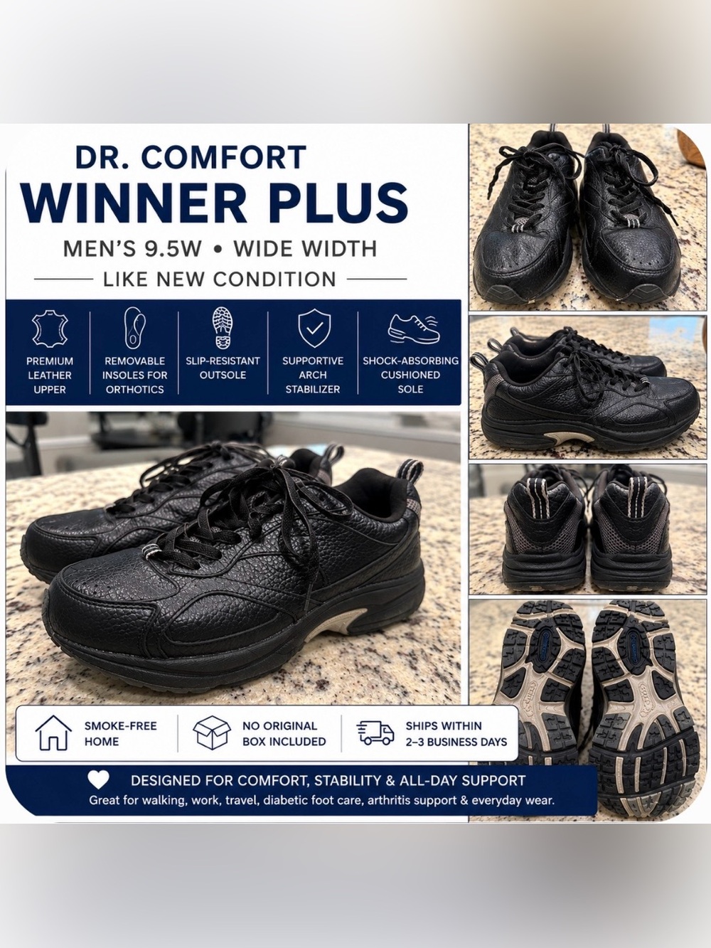 Dr. Comfort Winner Plus Men's Black Leather Walking Shoes Wide Width Like New
